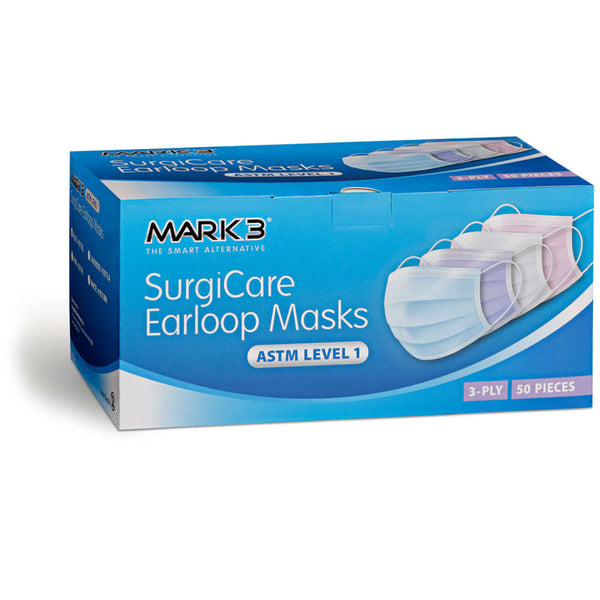 SurgiCare Blue Earloop Face Masks Level 1 3ply 50/bx. - MARK3*