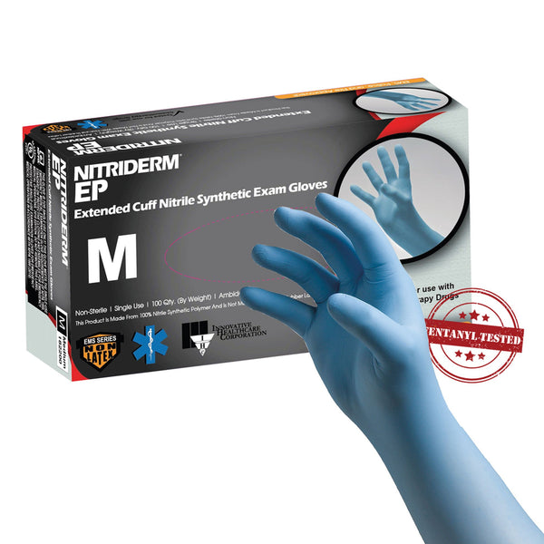 NITRIDERM® EP NITRILE EXTENDED CUFF LENGTH EXAM GLOVE, MEDIUM, BLUE, SOLD AS 1000/CASE INNOVATIVE 182200