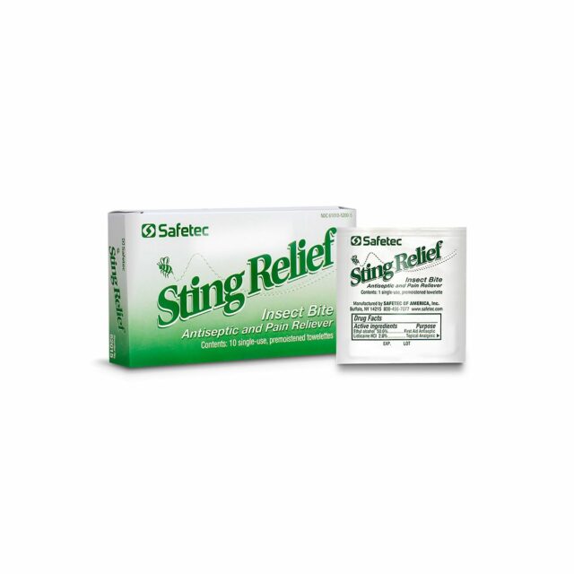 SAFETEC STING RELIEF. STING RELIEF WIPE, 10/BX, 100 BX/CS (NOT AVAILABLE FOR SALE INTO CANADA). WIPE STING RELIEF 10/BX100BX/CS, CASE