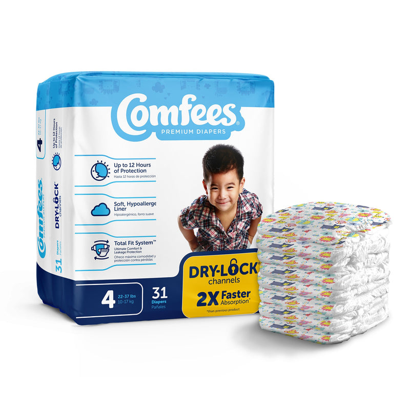 ATTENDS COMFEES PREMIUM BABY DIAPERS, TAB CLOSURE, KID DESIGN, SIZE 4, SOLD AS 31/BAG ATTENDS 41540