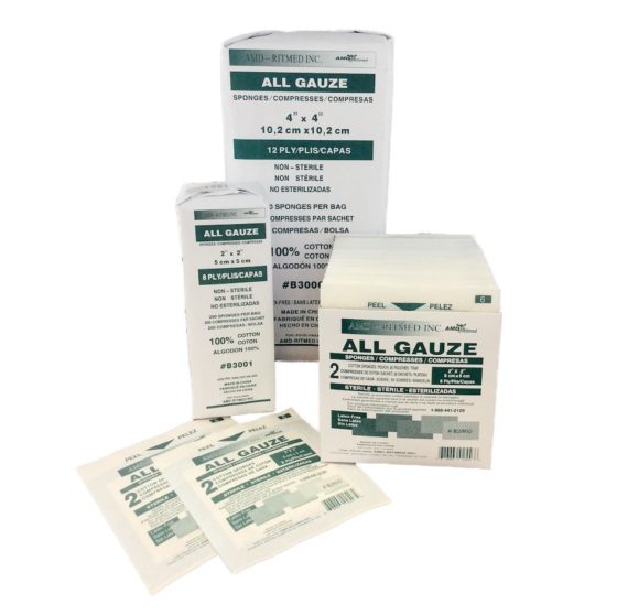 GAUZE SPONGE, 4" X 4", 12-PLY, STERILE, 2S, 25/BX, 24 BX/CS, SOLD AS CASE AMD-MEDICOM 10000212