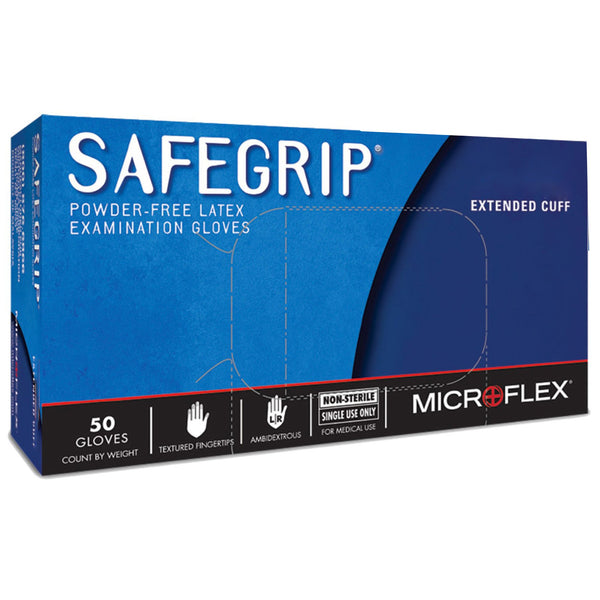 SAFEGRIP® LATEX EXTENDED CUFF LENGTH EXAM GLOVE, MEDIUM, BLUE, SOLD AS 50/BOX MICROFLEX SG-375-M