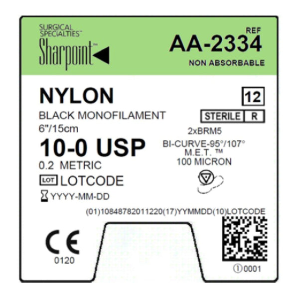 10/0 NYLON SUTURE, BLACK MONO, 6"/15CM, BRM5, 5MM BICURVE, 12/BX, SOLD AS BOX SURGICAL 71