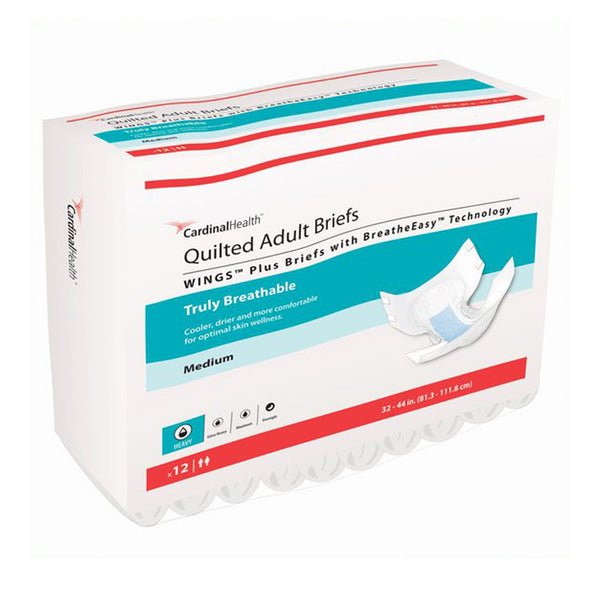 WINGS™ QUILTED PLUS WITH BREATHEEASY™ TECHNOLOGY INCONTINENCE BRIEF, MEDIUM, SOLD AS 12/BAG CARDINAL 66133