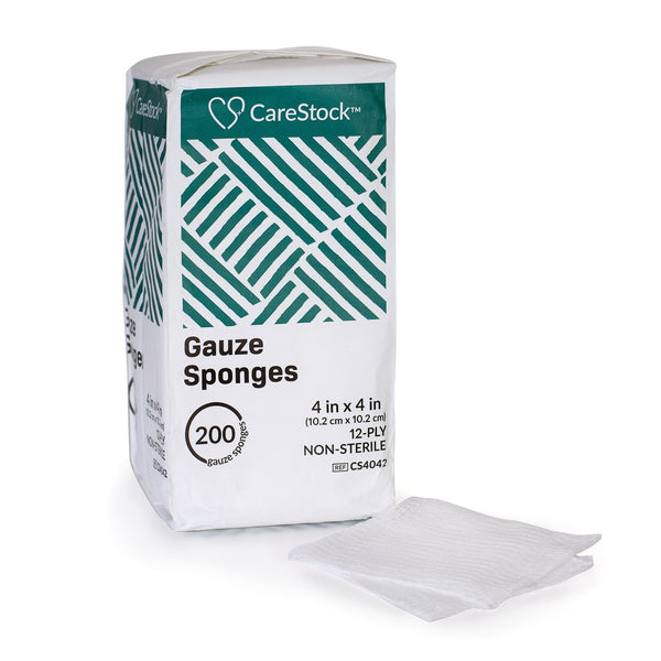 CARESTOCK™ GAUZE SPONGE, 4 X 4 IN. 12-PLY, MEDICAL-GRADE COTTON WOUND DRESSING, SOLD AS 2000/CASE CARESTOCK CS4042