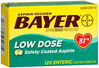 BAYER LOW DOSE SAFETY COATED ASPIRIN 81 MG TABLETS, SOLD AS 120/BOX BAYER 00280210012