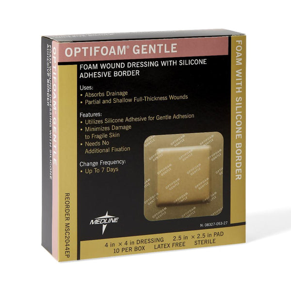 OPTIFOAM® GENTLE ADHESIVE WITH BORDER SILICONE FOAM DRESSING, 4 X 4 INCH, SOLD AS 10/BOX MEDLINE MSC2044EP