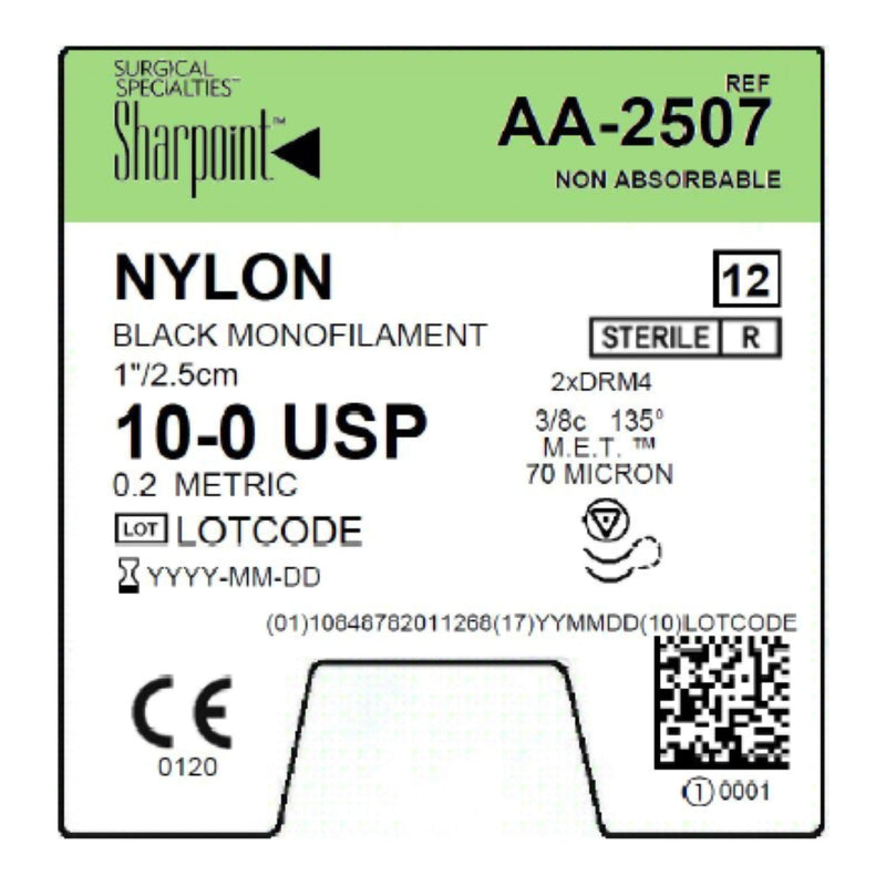 10/0 NYLON SUTURE, BLACK MONO, 1"/2.5CM, DRM4, 4MM 3/8 CIRCLE, 12/BX, SOLD AS BOX SURGICAL 71
