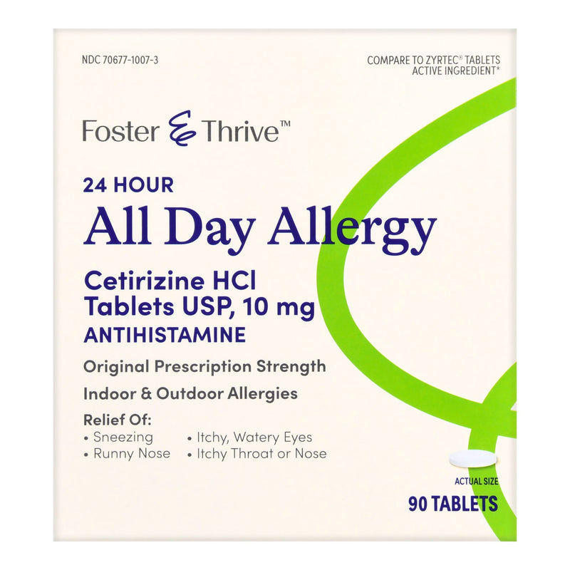 FOSTER & THRIVE™ 24 HOUR ALL DAY ALLERGY CETIRIZINE HCL USP 10 MG TABLETS, SOLD AS 90/BOX MCKESSON 70677100703