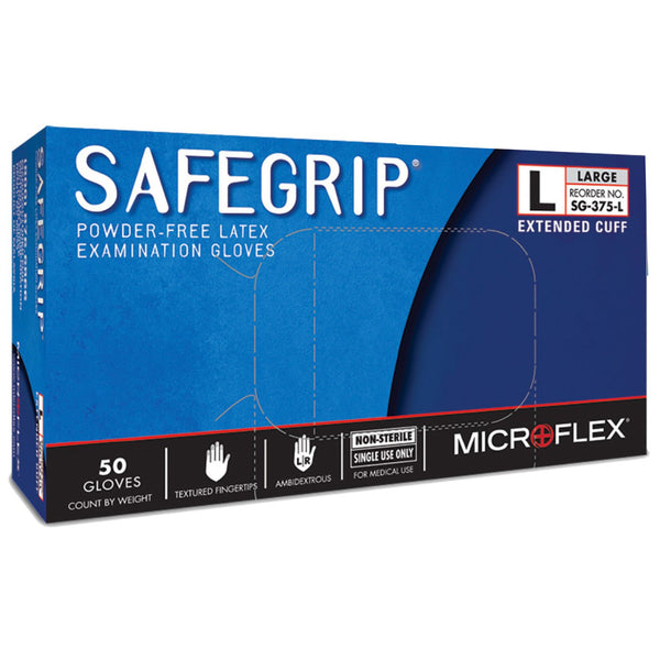 SAFEGRIP® LATEX EXTENDED CUFF LENGTH EXAM GLOVE, LARGE, BLUE, SOLD AS 500/CASE MICROFLEX SG-375-L