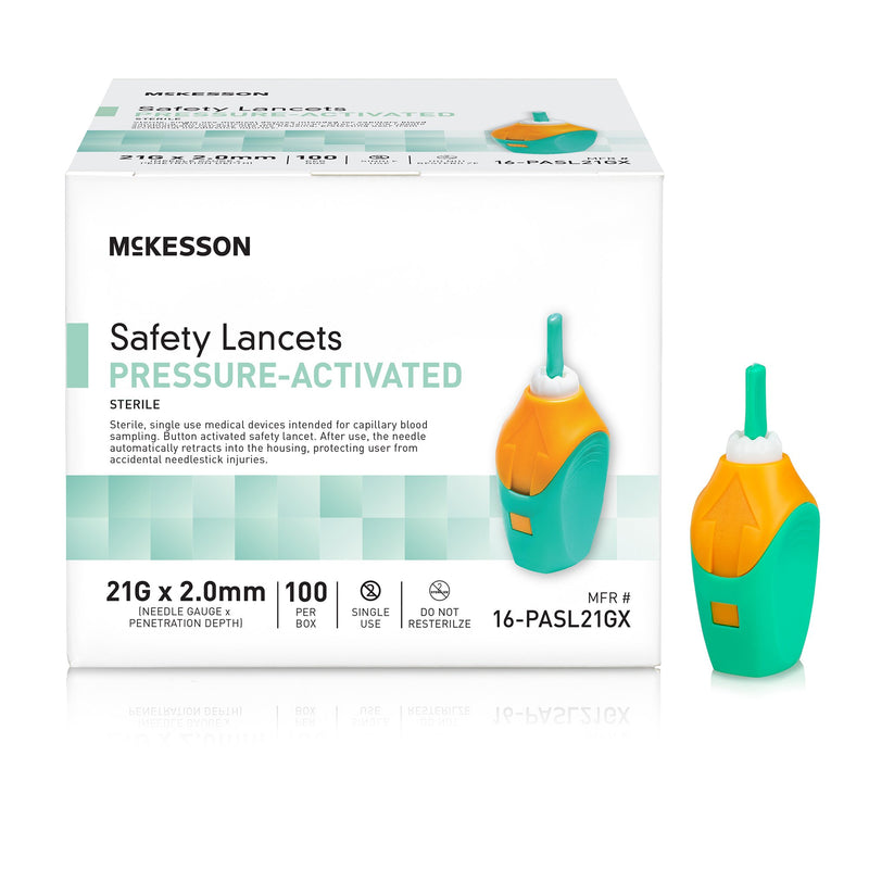 MCKESSON PRESSURE ACTIVATED SAFETY LANCETS, 21 GAUGE, GREEN, SOLD AS 100/BOX MCKESSON 16-PASL21GX