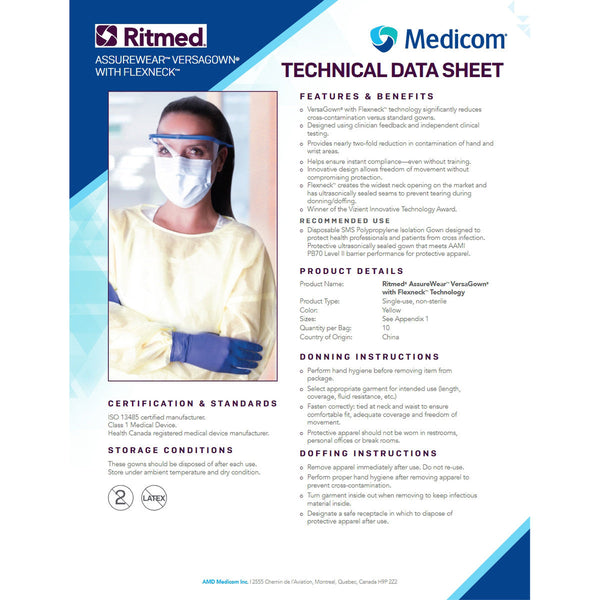 ISOLATION GOWN, YELLOW, THUMB LOOP, X-LARGE, 10/PK, 10 PK/CS, SOLD AS CASE AMD-MEDICOM 10000212