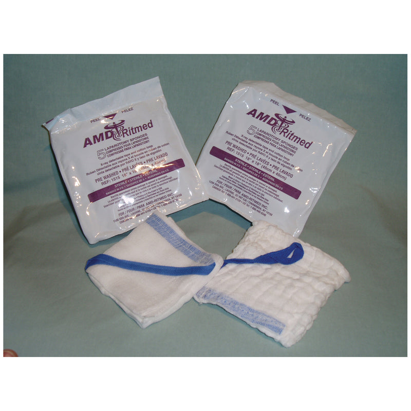 LAPAROTOMY SPONGE, 18" X 18", 4-PLY, PREWASHED, 5/PLASTIC TUB, 40 TUB/CS, SOLD AS CASE AMD-MEDICOM 10000212