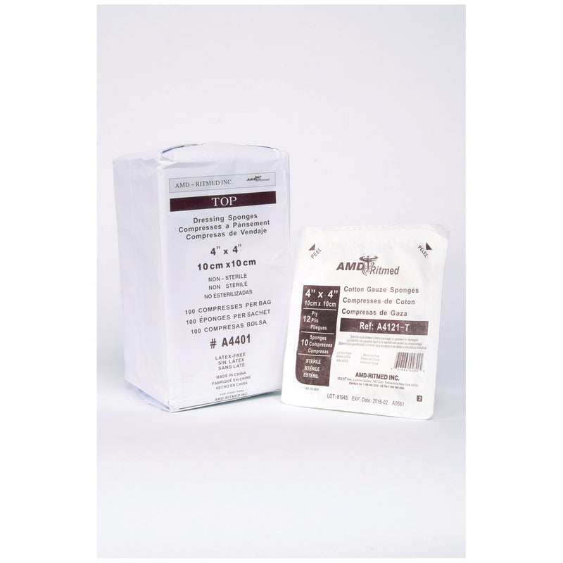 GAUZE SPONGE, 4" X 4", 8-PLY, STERILE, 2S, 50/BX, 12 BX/CS, SOLD AS CASE AMD-MEDICOM 10000212