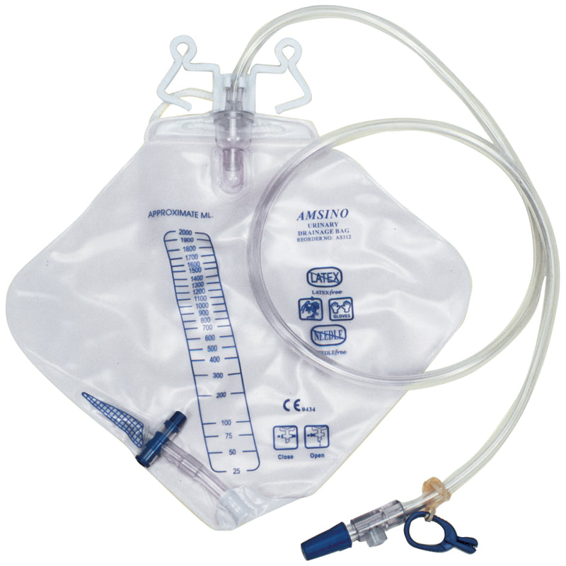 DRAINAGE BAG, 2000ML, LOW PROFILE, ANTI-REFLUX CHAMBER, PRE-PIERCED NEEDLE-FREE SAMPLING PORT , SINGLE HOOK & ROPE HANGER, T-TAP D, SOLD AS CASE AMSIN