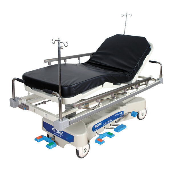 MILLENNIUM 5 HOSPITAL STRETCHER, INCLUDES: 4" X 28.5" X 71.5" PAD, 8" CASTERS, 27" WIDE PATIENT SURFACE, IV RECEPTACLES, FOLD-DOWN, SOLD AS EACH D.R.E
