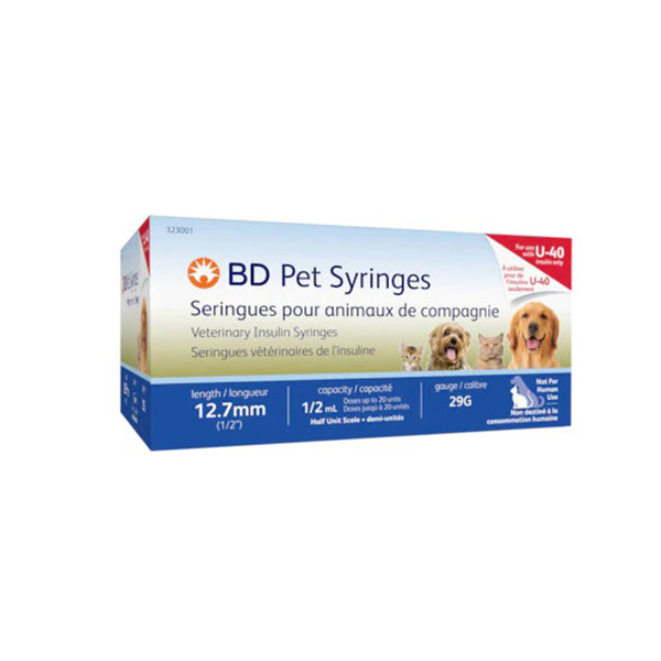 VET INSULIN SYRINGE, U-40, 0.5 ML, 29G X 12.7MM, 100/BX, 5 BX/CS, SOLD AS CASE EMBECTA 10001371