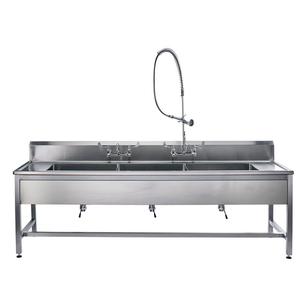 DECONTAMINATION STATION 116"W X 26 1/2"D, BACKSPLASH, 25"W X 18"H X 10"D BOWLS, STAINLESS STEEL SQ TUBE BASE, ADJUSTABLE FLANGED F, SOLD AS EACH BLICK