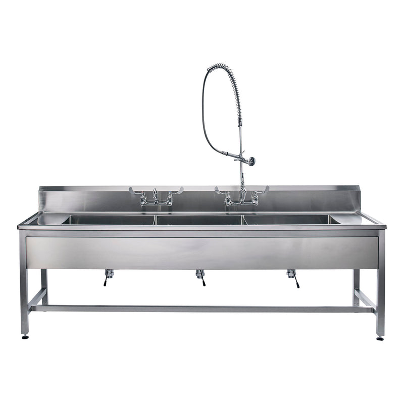 DECONTAMINATION STATION 116"W X 26 1/2"D, BACKSPLASH, 25"W X 18"H X 10"D BOWLS, STAINLESS STEEL SQ TUBE BASE, ADJUSTABLE FLANGED F, SOLD AS EACH BLICK
