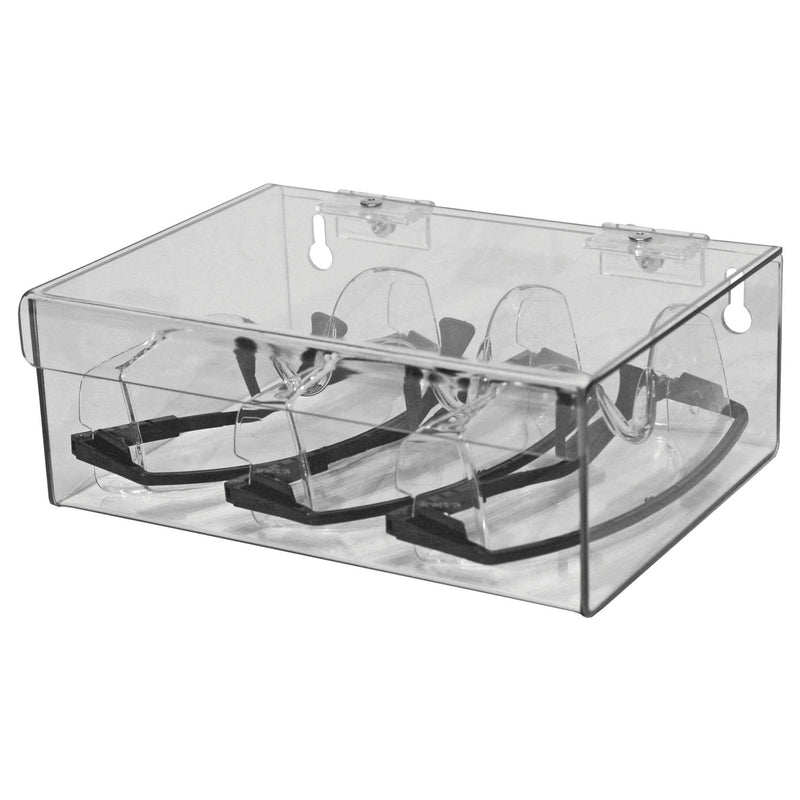 EYEWEAR CABINET, LOCKING, HOLDS UP TO 10 PR OF SAFETY GLASSES ON NOSE HOLDERS, KEYHOLES FOR WALL MOUNTING, WHITE ABS PLASTIC & CLE, SOLD AS EACH MARKE