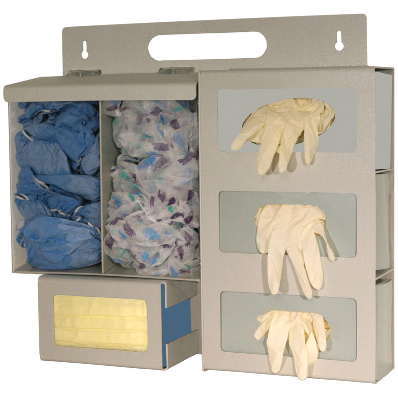 PROTECTION SYSTEM, TWO SECTIONS HOLD VARIETY OF GOWNS, 3 BOXES OF GLOVES, ONE BOX OF EARLOOP FACE MASK, ONE BOX OF SHIELD STYLE FA, SOLD AS EACH MARKE