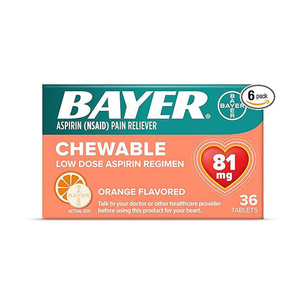 BAYER LOW DOSE ASPIRIN 81 MG CHEWABLE TABLETS ORANGE, SOLD AS 1/BOTTLE BAYER 00280208036