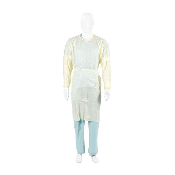 ISOLATION GOWN, POLY-COATED, OVER-THE-HEAD, HALF-BACK, THUMBHOOKS, YELLOW, UNIVERSAL, 10/PK, 10 PK/CS, SOLD AS CASE CARDINAL 261