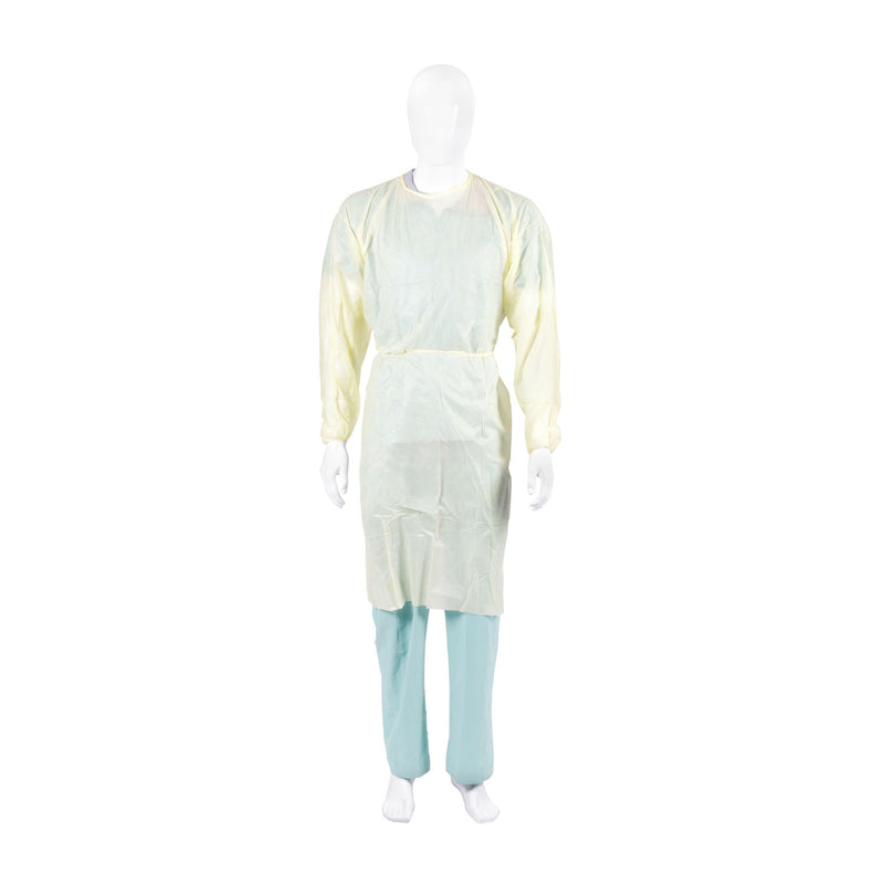 ISOLATION GOWN, POLY-COATED, OVER-THE-HEAD, HALF-BACK, THUMBHOOKS, YELLOW, UNIVERSAL, 10/PK, 10 PK/CS, SOLD AS CASE CARDINAL 261