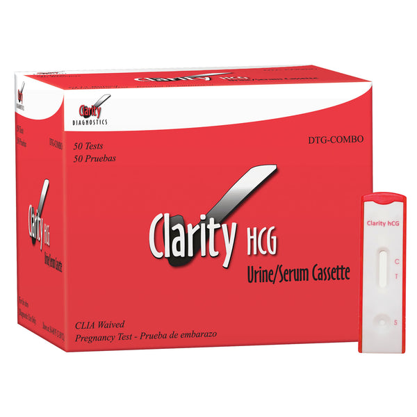 CLARITY URINE HCG TEST, CASSETTE FORMAT, INDIVIDUALLY POUCHED, READS AT 25MIU,CLIA WAIVED, 50/BX, SOLD AS BOX CLARITY 10001124