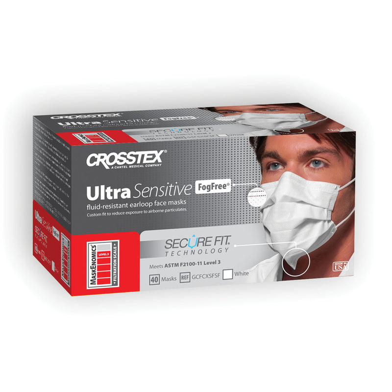 ASTM LEVEL 3 EARLOOP MASK, NO FOG, WHITE, 40/BX, 10 BX/CTN, SOLD AS CARTON CROSSTEX 10000178