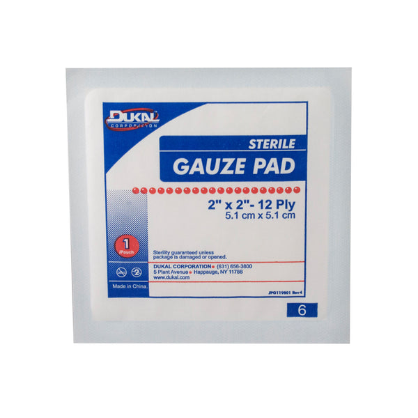GAUZE PAD, 3" X 3", 12-PLY, STERILE, 1/PK, 25 PK/BX, 24 BX/CS, SOLD AS CASE DUKAL 10000117