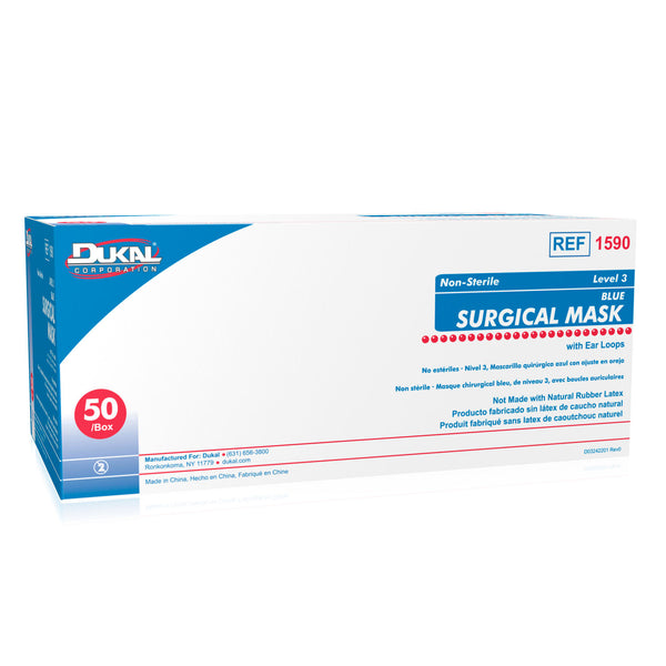 SURGICAL FACE MASK, EARLOOP, 3-PLY, BLUE, 50/BX, 6 BX/CS, SOLD AS CASE DUKAL 10000117