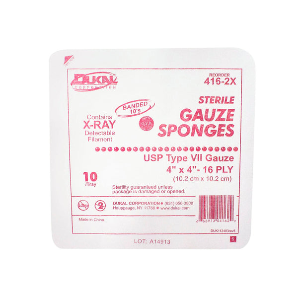 GAUZE SPONGE, 4" X 4", X-RAY DETECTABLE TYPE VII, 32-PLY, STERILE, 10/TRAY, 30 TRAY/CS, SOLD AS CASE DUKAL 10000117