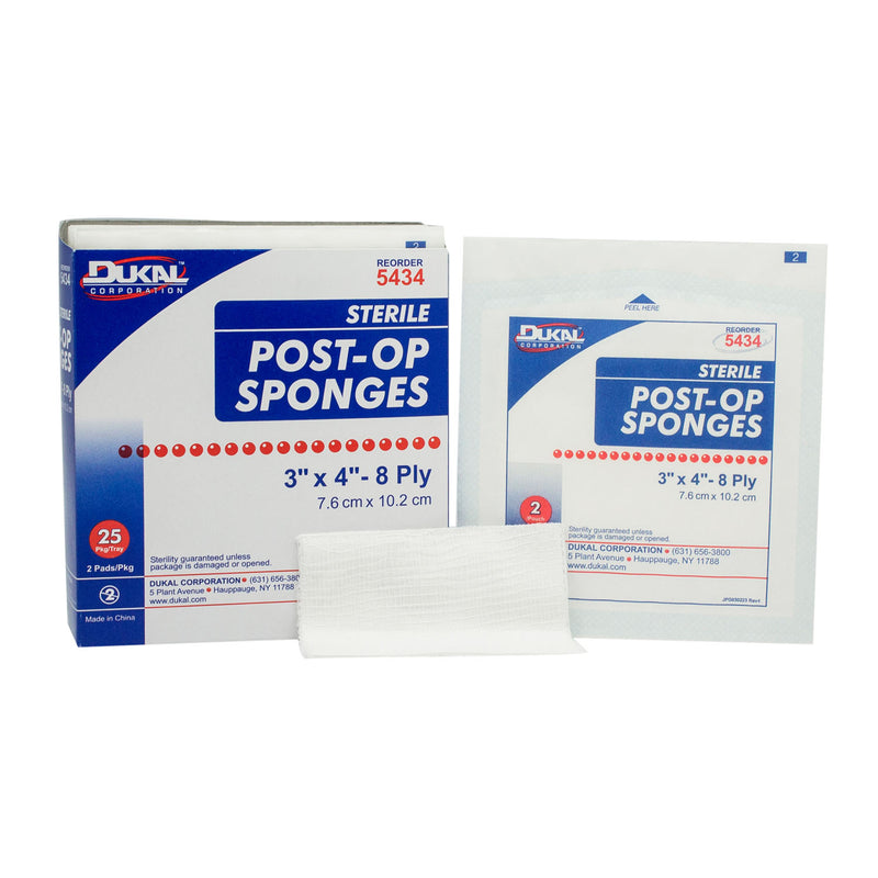 SPONGE, 4" X 3" STERILE POST-OP, GAUZE FACING, 2/PK, 25 PK/BX, 24 BX/CS, SOLD AS CASE DUKAL 10000117