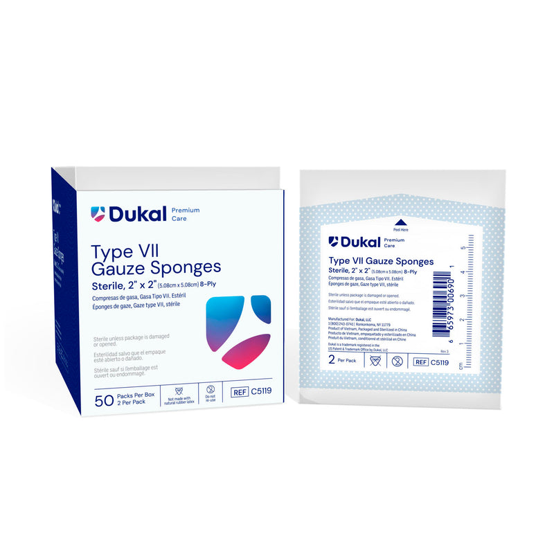 GAUZE SPONGE, TYPE VII, STERILE, 3” X 3”, 12-PLY, 2/PK, 50 PK/BX, 24 BX/CS, SOLD AS CASE DUKAL 10000117