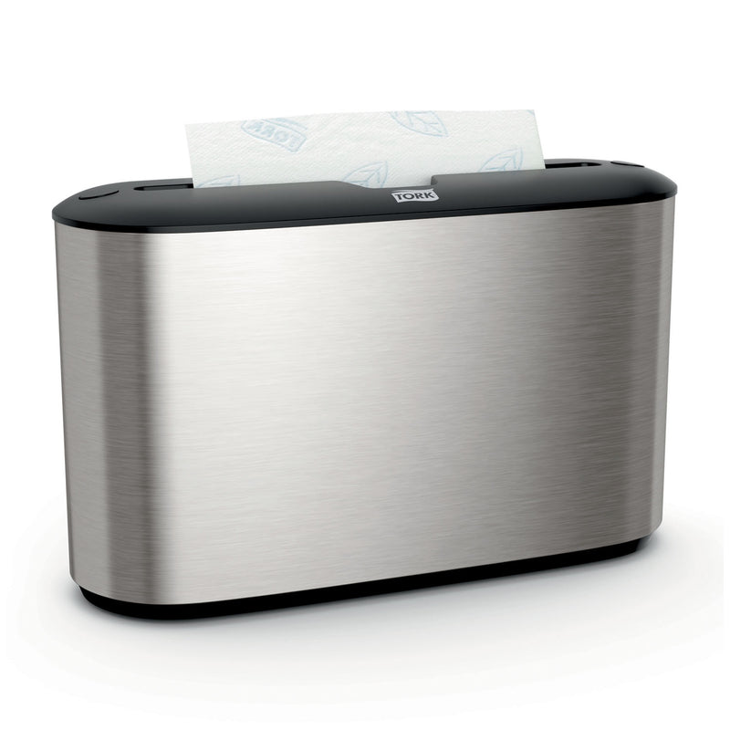 COUNTERTOP DISPENSER, HAND TOWEL, MULTIFOLD, UNIVERSAL, METAL/ PLASTIC, STAINLESS STEEL, 7.9" X 12.7" X 4.6", SOLD AS EACH ESSITY 10001226