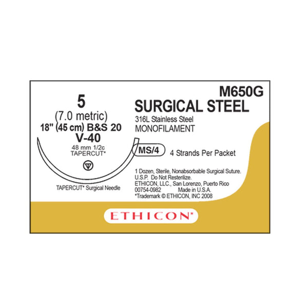 SUTURE, TEMPORARY CARDIAC PACING WIRE, SIZE 2-0, 24'" DK. BLUE BRAIDED STAINLESS STEEL, NEEDLE SH,SKS-3, ½ CIRCLE STRAIGHT CUTTING, SOLD AS BOX ETHICO