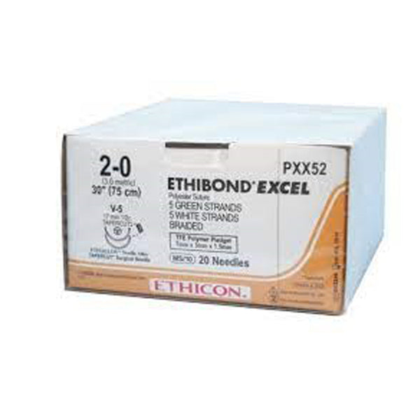 SUTURE, TAPERCUT, SIZE 2-0, 4-30", WHITE BRAIDED, NEEDLE V-5 V-5, ½ CIRCLE, ¼" X 1/8" X 1/16" FIRM TFE POLYMER PLEDGETS, 1 DZ/BX, SOLD AS BOX ETHICON 