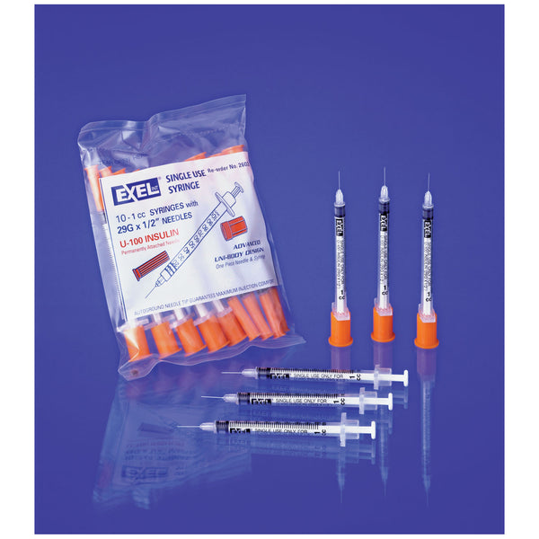 INSULIN SYRINGE & NEEDLE, 29G X ½", 3/10CC, 10/BG, 10 BG/BX, 5 BX/CS, SOLD AS CASE EXEL 244