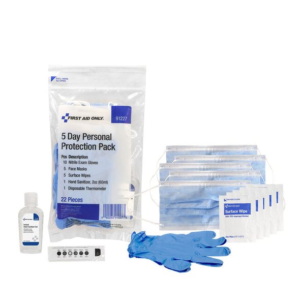 1 DAY PERSONAL PROTECTION PACK, 30/CS, INCLUDES: NITRILE EXAM GLOVES, FACE MASKS, SURFACE WIPES, HAND SANITIZER PACKETS, SOLD AS CASE FIRST 10000455