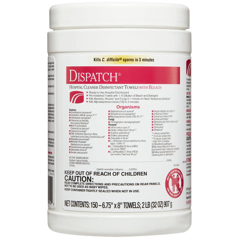 DISPATCH® HOSPITAL CLEANER DISINFECTANT TOWELS WITH BLEACH, 6.75 X 8, 150/CAN, 8/CS, SOLD AS CASE CLOROX 10001213