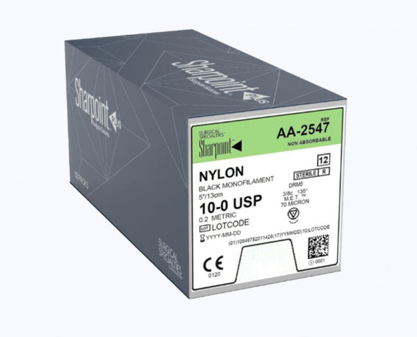 10/0 NYLON SUTURE, BLACK MONO, 5"/13CM, DRM5, 5MM 3/8 CIRCLE, 12/BX, SOLD AS BOX SURGICAL 71