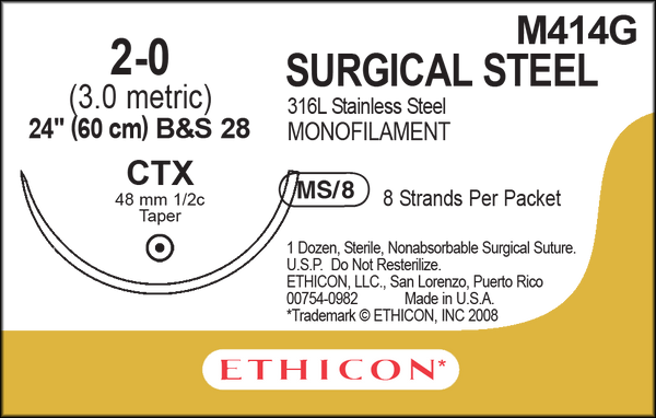 SUTURE, TAPER POINT, SIZE 2-0, 8-24", MONOFILAMENT B&S28, NEEDLE CTX, ½ CIRCLE, 1 DZ/BX, SOLD AS BOX ETHICON 243