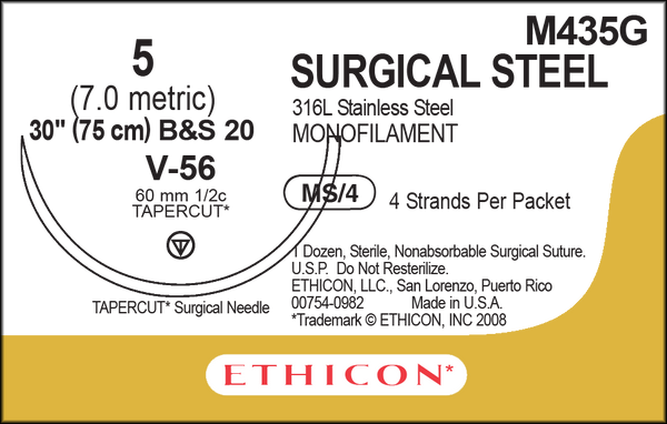 SUTURE, TAPERCUT, SIZE 5, 4-30", MONOFILAMENT B&S20, NEEDLE V-56, ½ CIRCLE, 1 DZ/BX, SOLD AS BOX ETHICON 243