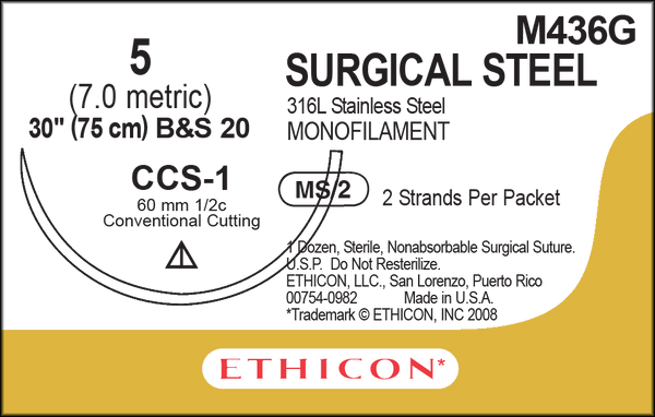 SUTURE, CONVENTIONAL CUTTING STERNUM, SIZE 5, 2-30", MONOFILAMENT B&S20, NEEDLE CCS-1, ½ CIRCLE, 1 DZ/BX, SOLD AS BOX ETHICON 243