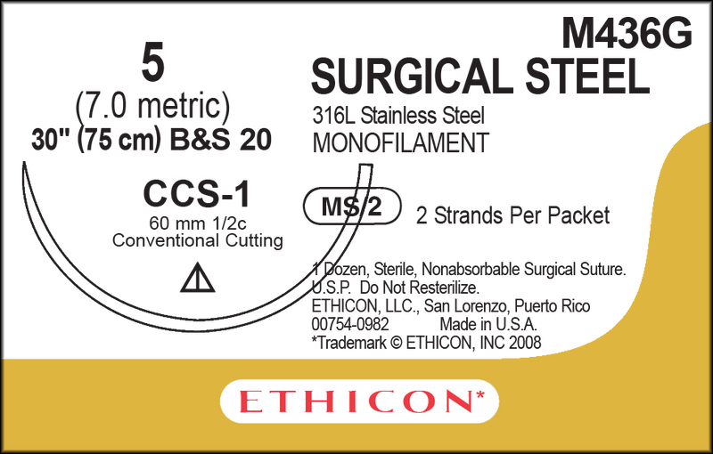 SUTURE, CONVENTIONAL CUTTING STERNUM, SIZE 5, 2-30", MONOFILAMENT B&S20, NEEDLE CCS-1, ½ CIRCLE, 1 DZ/BX, SOLD AS BOX ETHICON 243