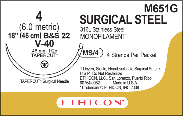 SUTURE, TAPERCUT, SIZE 4, 4-18", MONOFILAMENT B&S22, NEEDLE V-40, ½ CIRCLE, 1 DZ/BX, SOLD AS BOX ETHICON 243