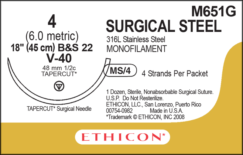 SUTURE, TAPERCUT, SIZE 4, 4-18", MONOFILAMENT B&S22, NEEDLE V-40, ½ CIRCLE, 1 DZ/BX, SOLD AS BOX ETHICON 243