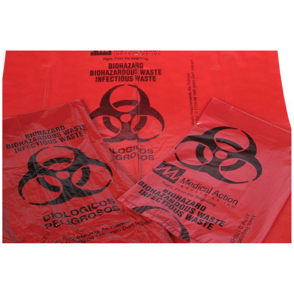 BIOHAZARD BAG, 38" X 46", RED/ PRINTED, 16 MIC, 500 RL/CS, SOLD AS CASE MEDEGEN 10000958