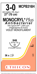 SUTURE, ETHIGUARD BLUNT POINT, SIZE 3-0, 27", VIOLET MONOFILAMENT, NEEDLE SHB, ½ CIRCLE, 3 DZ/BX, SOLD AS BOX ETHICON 243